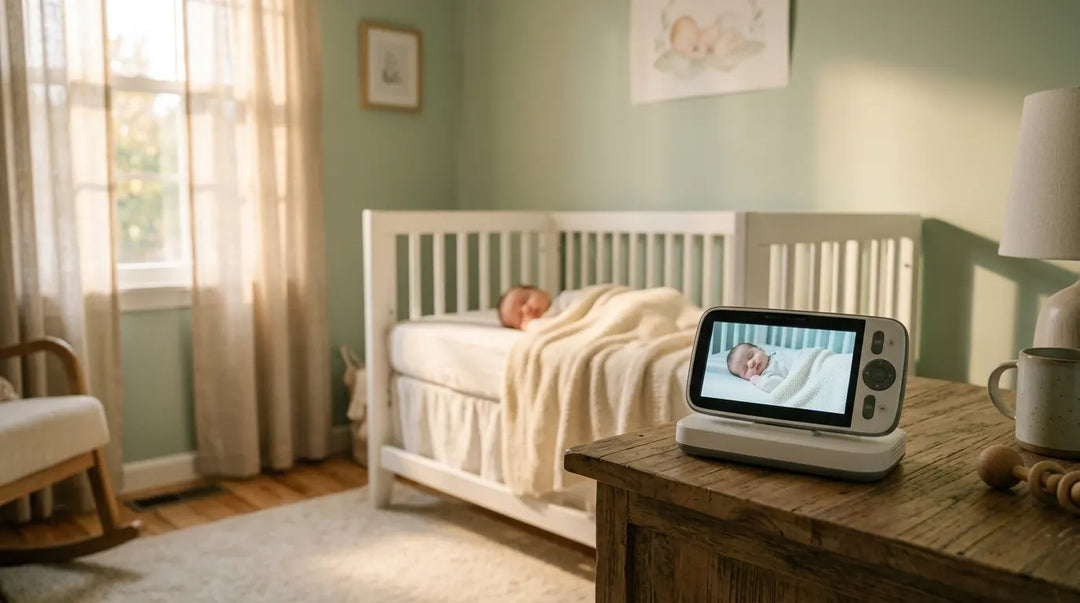 Baby monitor on nightstand near sleeping newborn in softly lit peaceful nursery