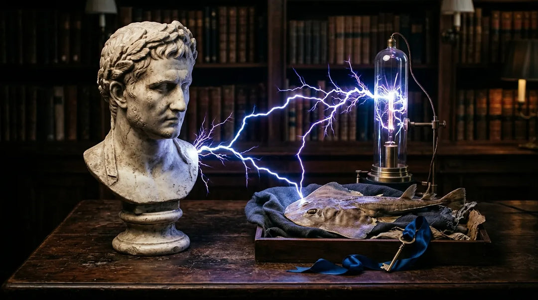 Ancient Roman bust beside Tesla coil with electric arcs and brass key, moody lighting