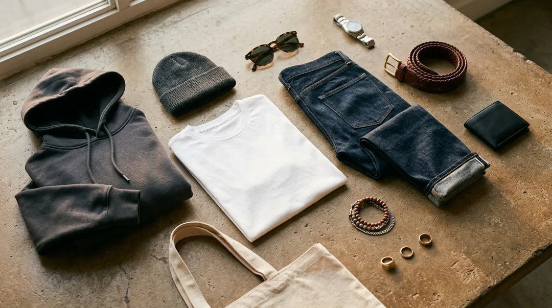 Stylish men's accessories flat lay with watch sunglasses hoodie and jewelry, editorial mood