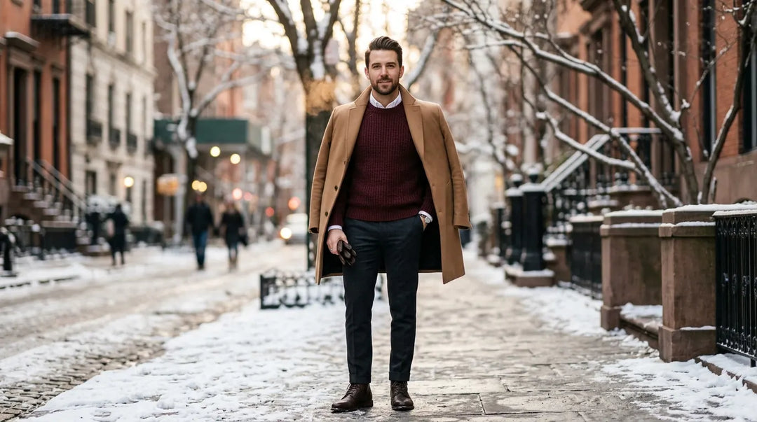 Stylish man wearing layered burgundy sweater and camel overcoat on snowy city street