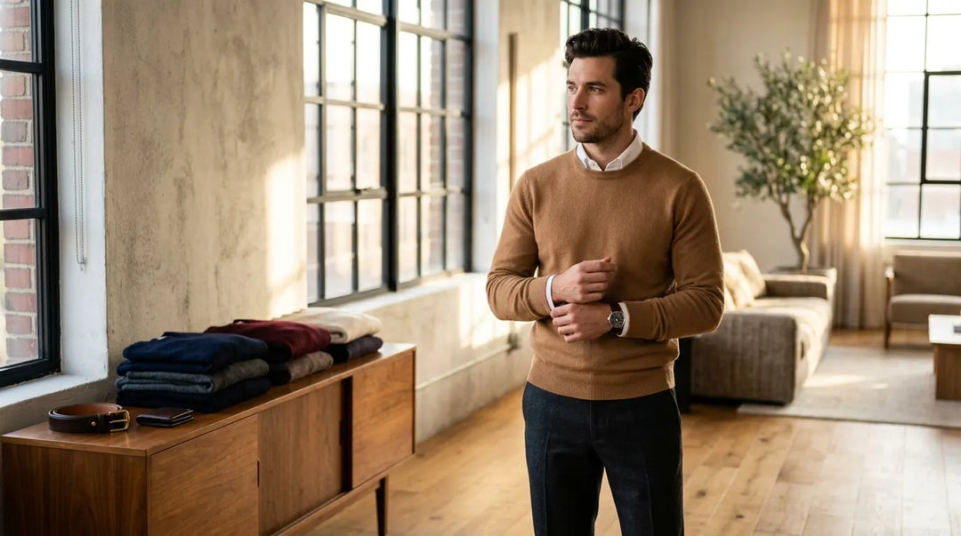 Stylish man in cashmere sweater beside curated knitwear collection in sunlit loft