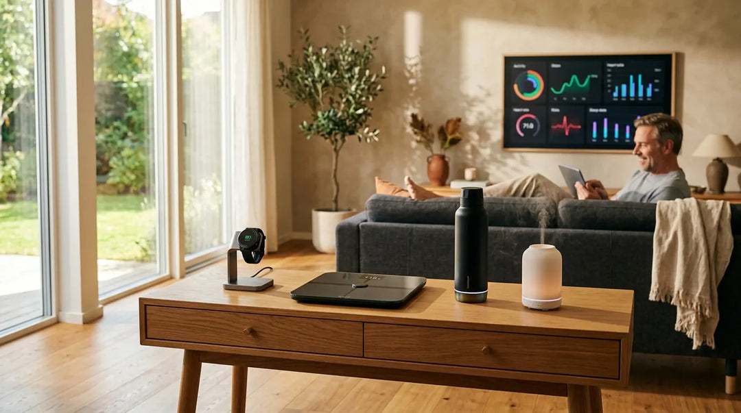 Smart home wellness devices arranged on modern console table in sunlit living room