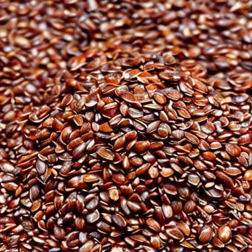 Close-up of brown flaxseeds scattered and piled together