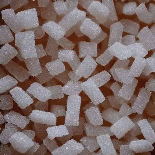 White granulated sugar cubes scattered on brown surface showing crystalline texture