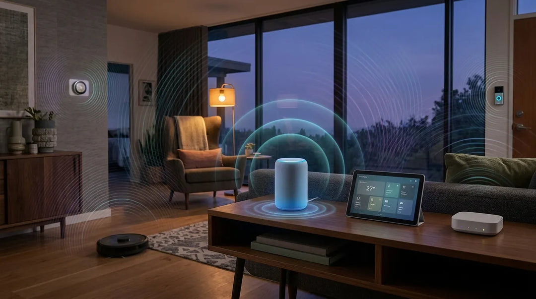 Modern smart home living room with glowing connected devices and faint electromagnetic wave visualization at twilight