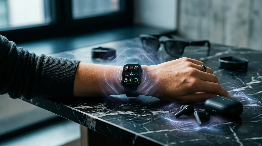 Smartwatch on wrist surrounded by glowing electromagnetic wave visualizations, modern minimalist setting