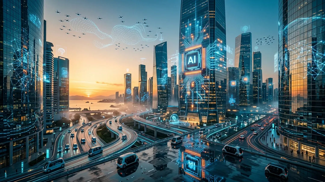 Futuristic smart city skyline at twilight with glowing AI-inspired architecture and autonomous vehicles