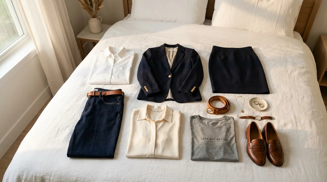 Curated capsule work wardrobe flat-lay on white bed with warm natural light