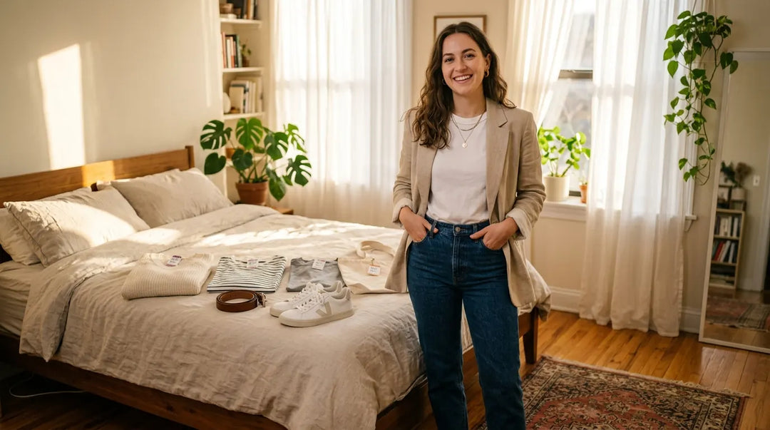 Stylish woman in minimalist outfit with budget wardrobe essentials arranged on bed, warm light