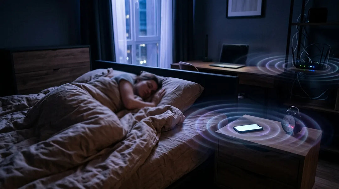 Restless sleeper in dark bedroom surrounded by glowing electronic devices emitting subtle energy waves