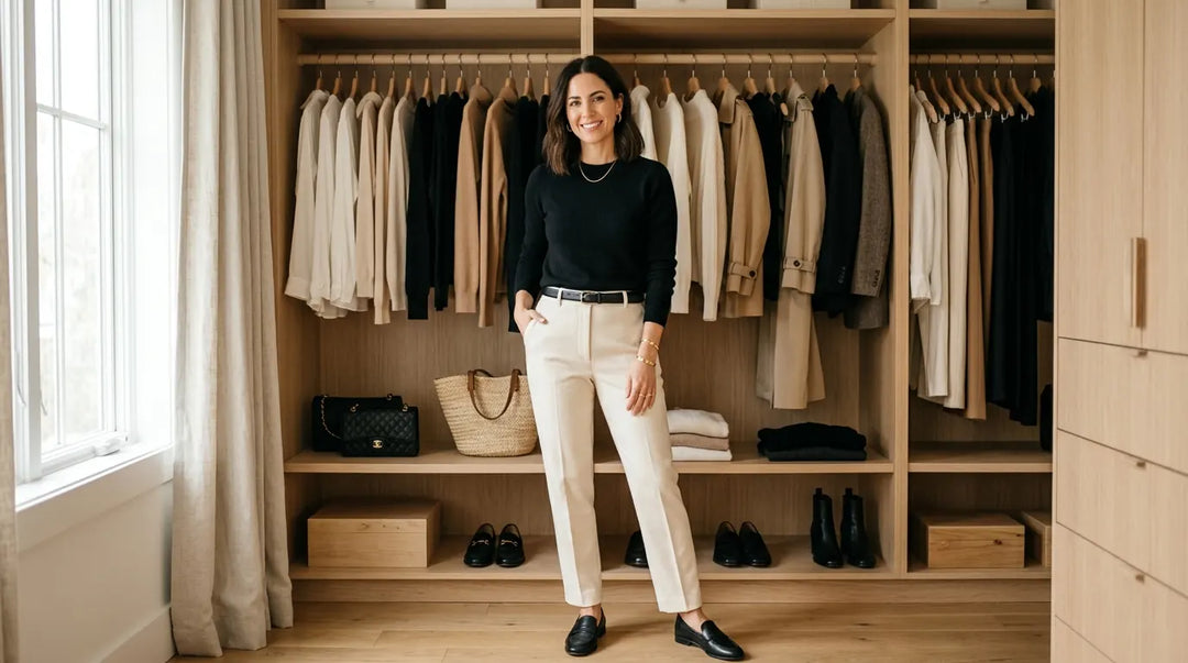 Stylish woman in elevated basics standing in curated minimalist walk-in closet, warm light
