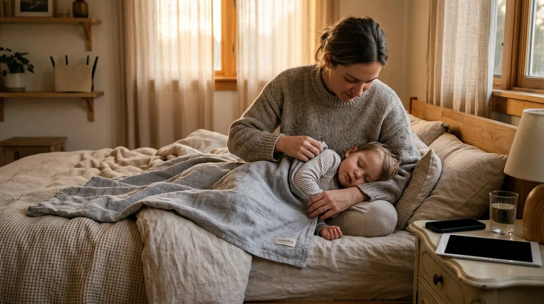 Mother tucking protective shielding blanket around sleeping toddler in calm warm bedroom with devices set aside