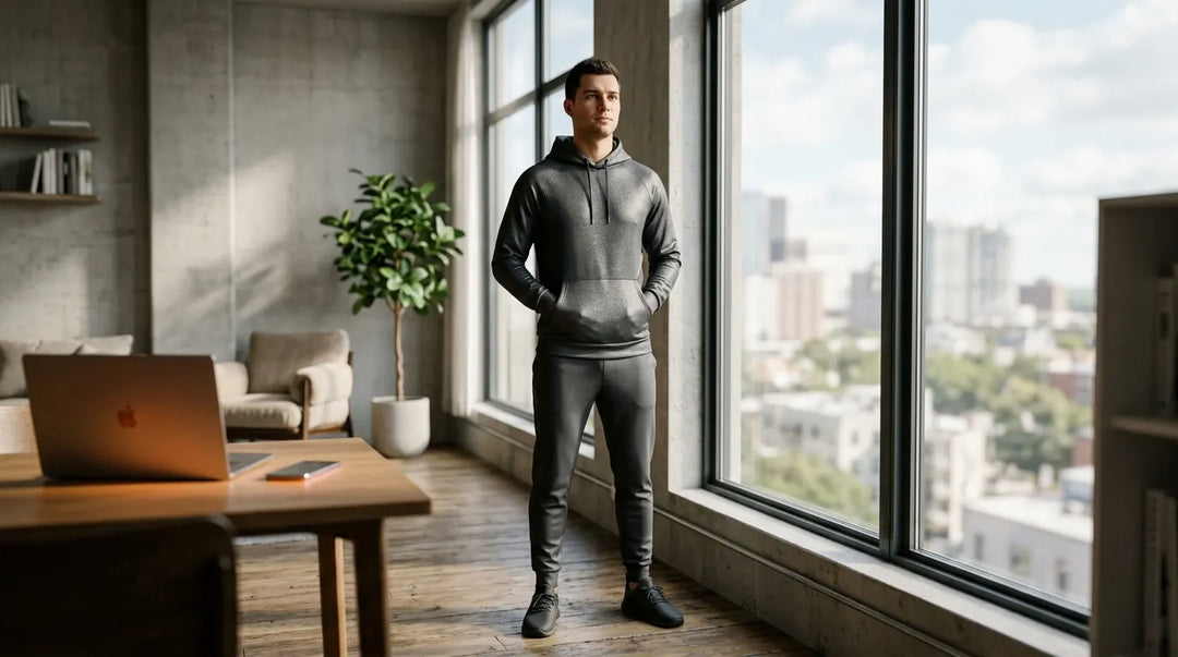 Man wearing sleek metallic-sheen athleisure hoodie and joggers in modern sunlit apartment