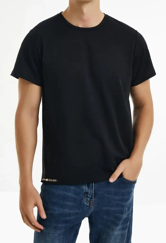 Man wearing black crew neck short sleeve t-shirt with blue jeans