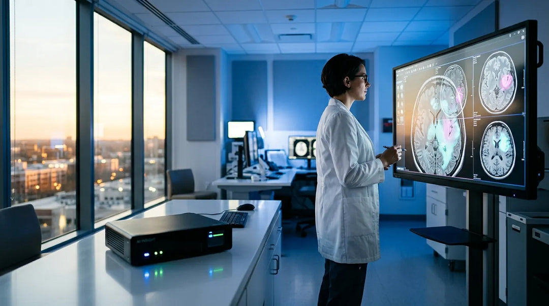 Physician reviewing AI-enhanced brain scans on diagnostic display in modern radiology room