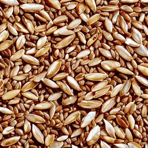 Overhead view of raw whole wheat grains scattered together showing natural tan and brown coloring