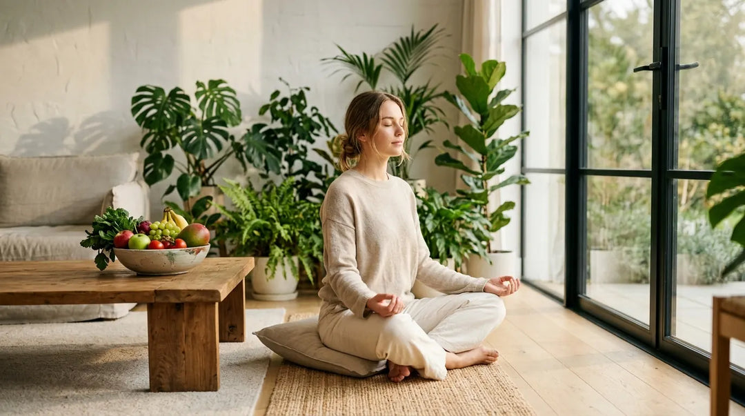 Serene person meditating in sunlit minimalist room with plants and fresh produce nearby