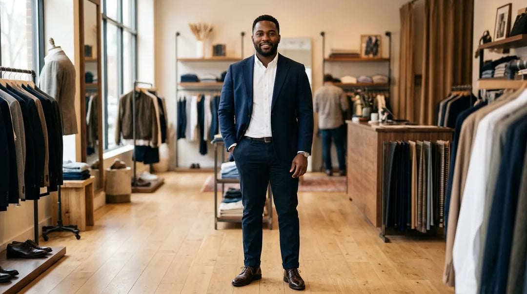 Confident plus-size man in tailored blazer standing in bright modern menswear boutique