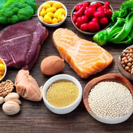 Variety of high protein foods including salmon, beef, chicken, eggs, legumes, nuts, and vegetables on wooden surface