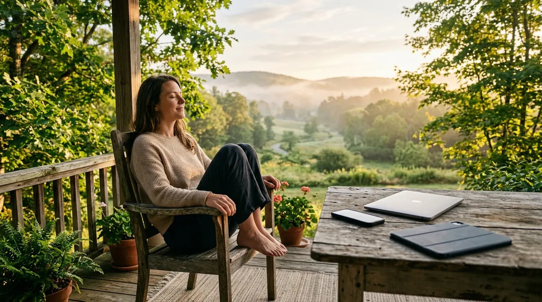 Person relaxing peacefully on sunlit porch with abandoned devices nearby, calm morning atmosphere
