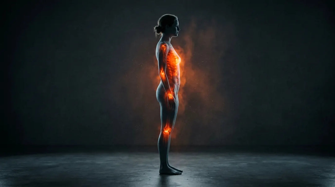 Human silhouette with glowing red-orange inflammation radiating from within, dark moody backdrop