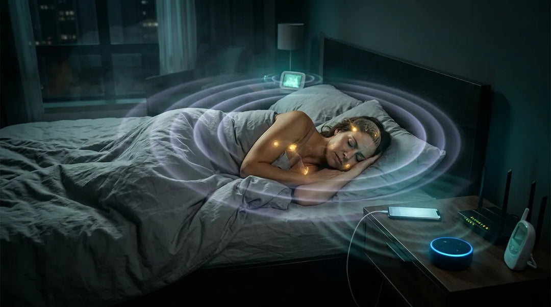 Person sleeping restlessly surrounded by glowing electronic devices emitting electromagnetic waves, moody bedroom