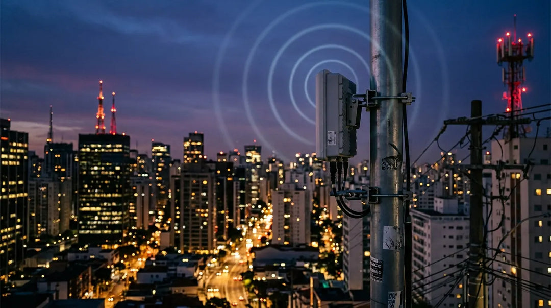 5G cell antenna on urban pole at twilight with cityscape, contemplative technological mood