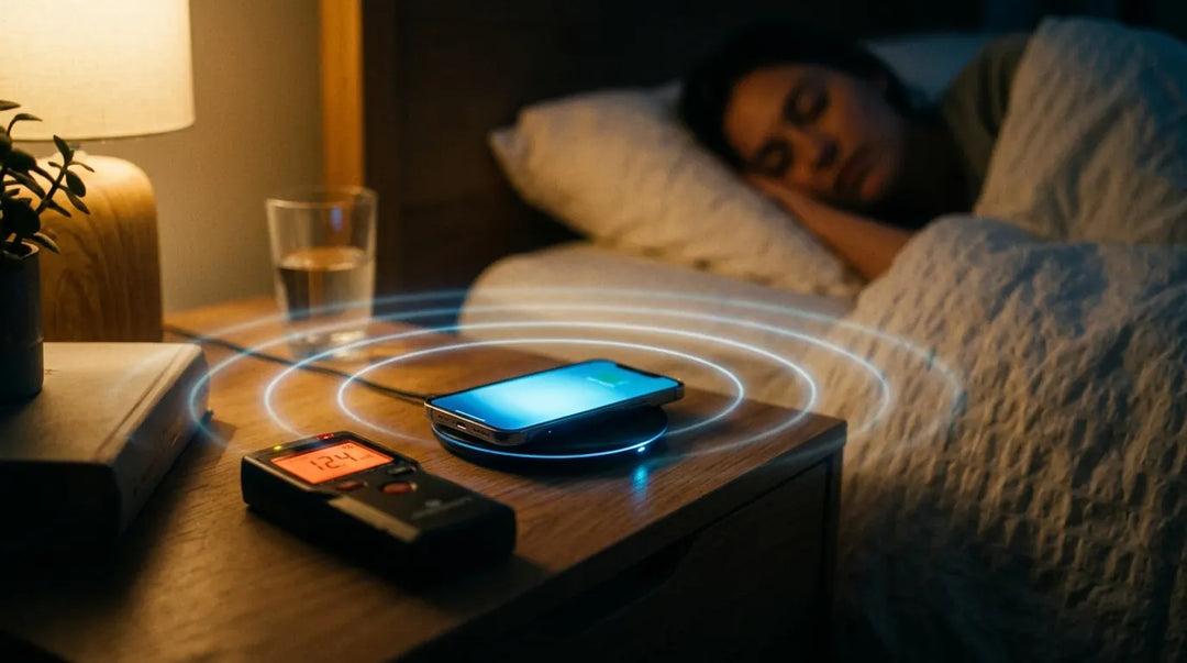 Glowing smartphone charging on nightstand beside EMF meter in dimly lit bedroom, moody atmosphere