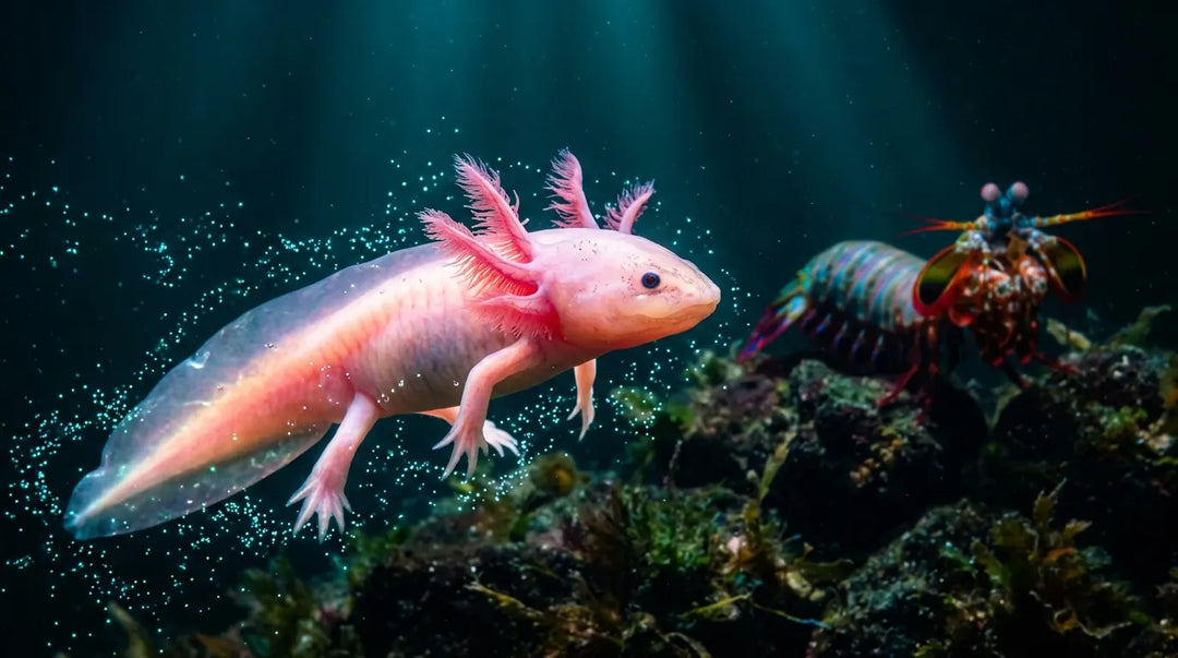 Glowing pink axolotl swimming in dark bioluminescent water with iridescent mantis shrimp nearby, mysterious mood