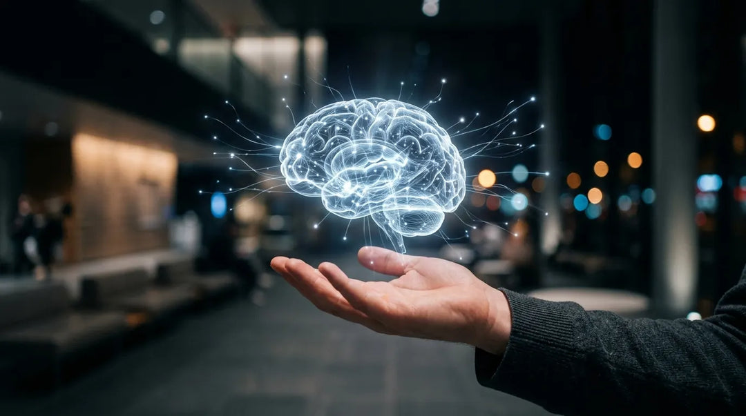 Glowing translucent brain of light pathways hovering above an open hand in dark setting