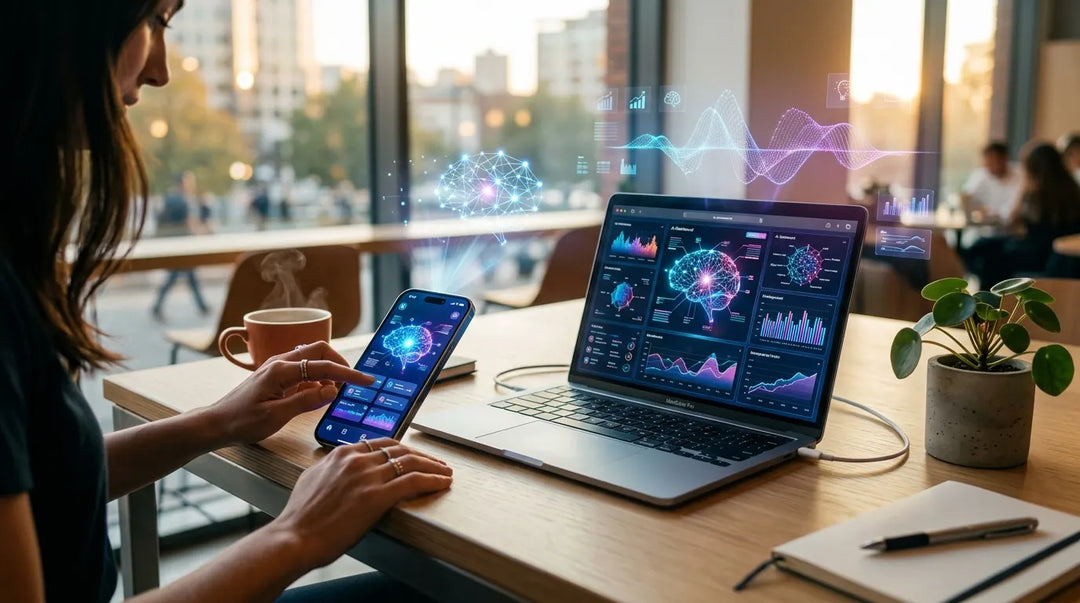 Hands using AI apps on smartphone and laptop with glowing holographic projections on modern desk