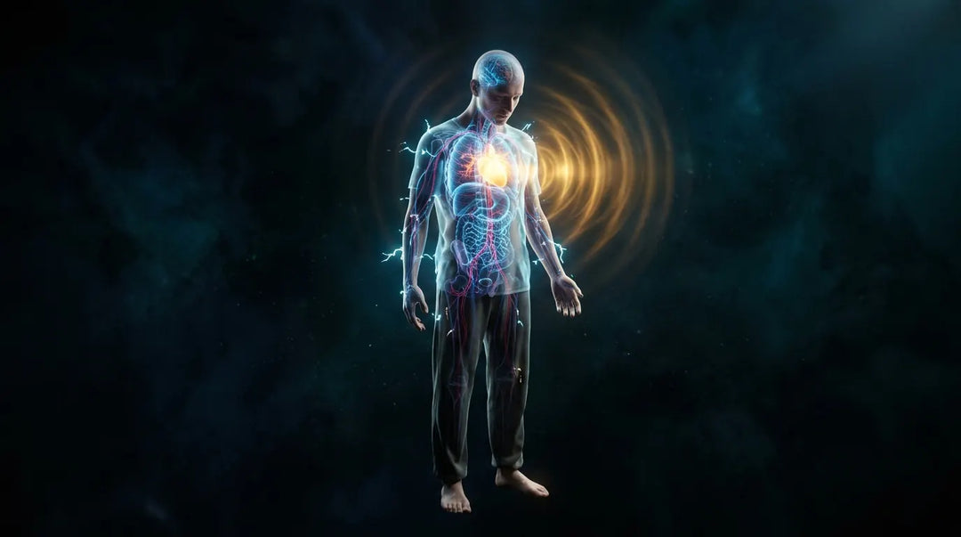 Translucent human figure radiating bioluminescent neural pathways and electromagnetic heart field in dark space