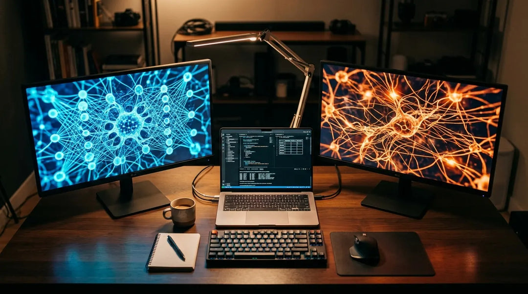 Two glowing monitors with contrasting neural network visuals on minimalist desk, analytical mood