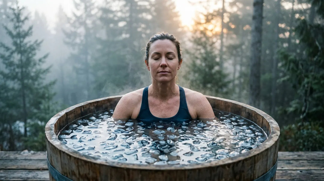 Person calmly submerging in outdoor wooden ice bath surrounded by floating ice at misty sunrise