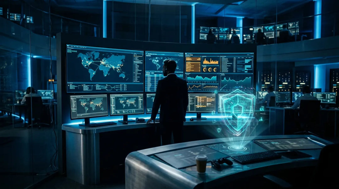 Security analyst in dark cyber operations center facing glowing threat detection monitors, tense atmosphere