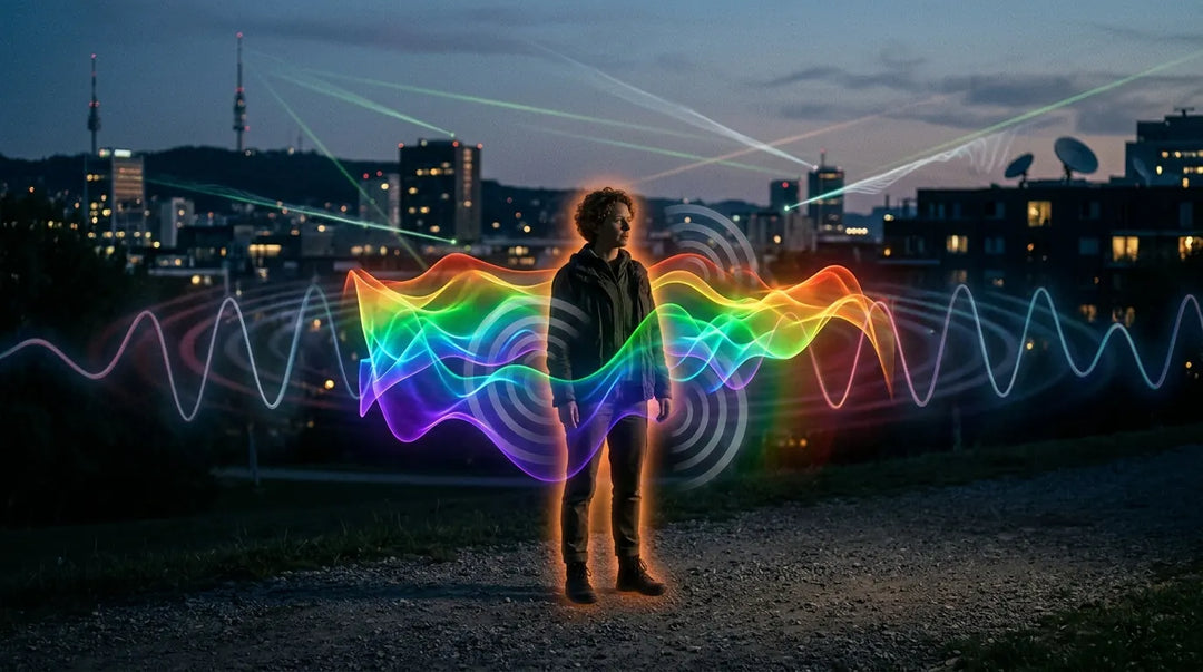 Human silhouette surrounded by colorful electromagnetic waves radiating through twilight cityscape, mysterious atmosphere
