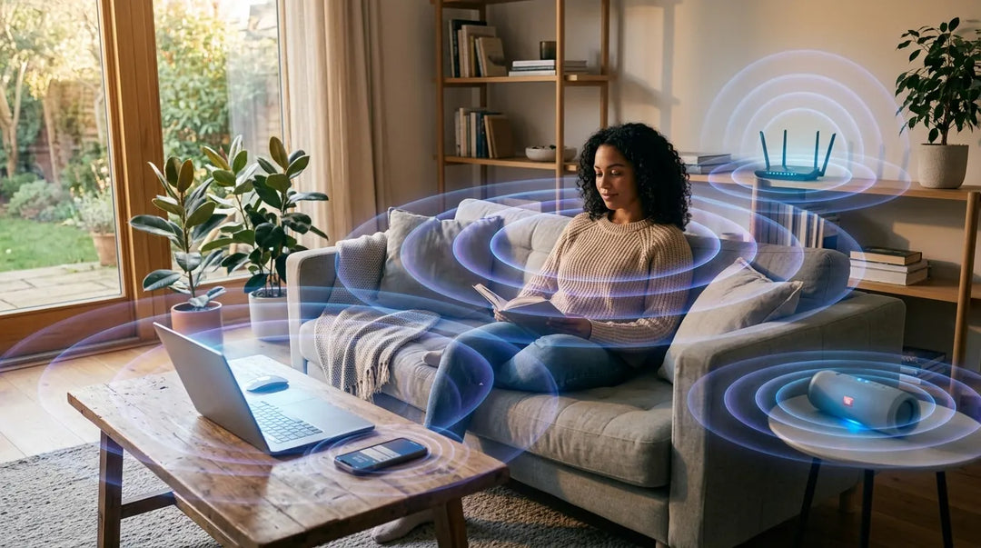 Modern living room with electronic devices emitting subtle visible electromagnetic wave ripples, warm cinematic mood