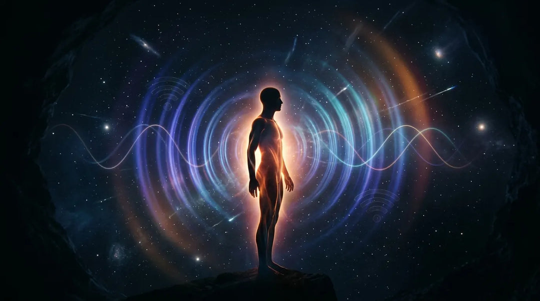 Human silhouette surrounded by glowing concentric circles and energy waves against starry cosmic background