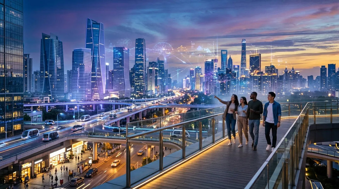 Futuristic twilight cityscape with glowing data networks and autonomous vehicles, contemplative mood