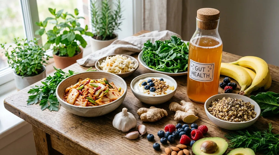 Colorful fermented foods and fresh produce arranged on wooden table in warm natural light