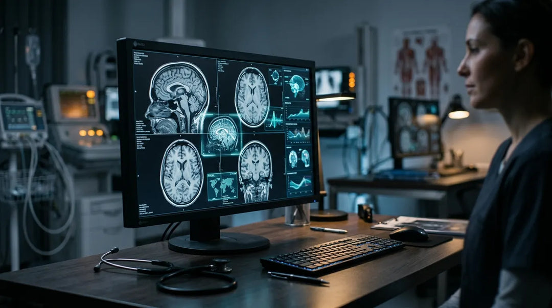 Medical AI diagnostic screen displaying brain MRI scans in a dimly lit clinical setting