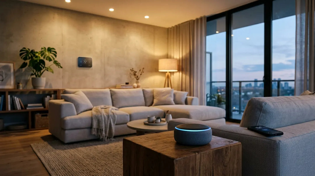 Modern living room at dusk with smart speaker, ambient lighting, and connected home devices