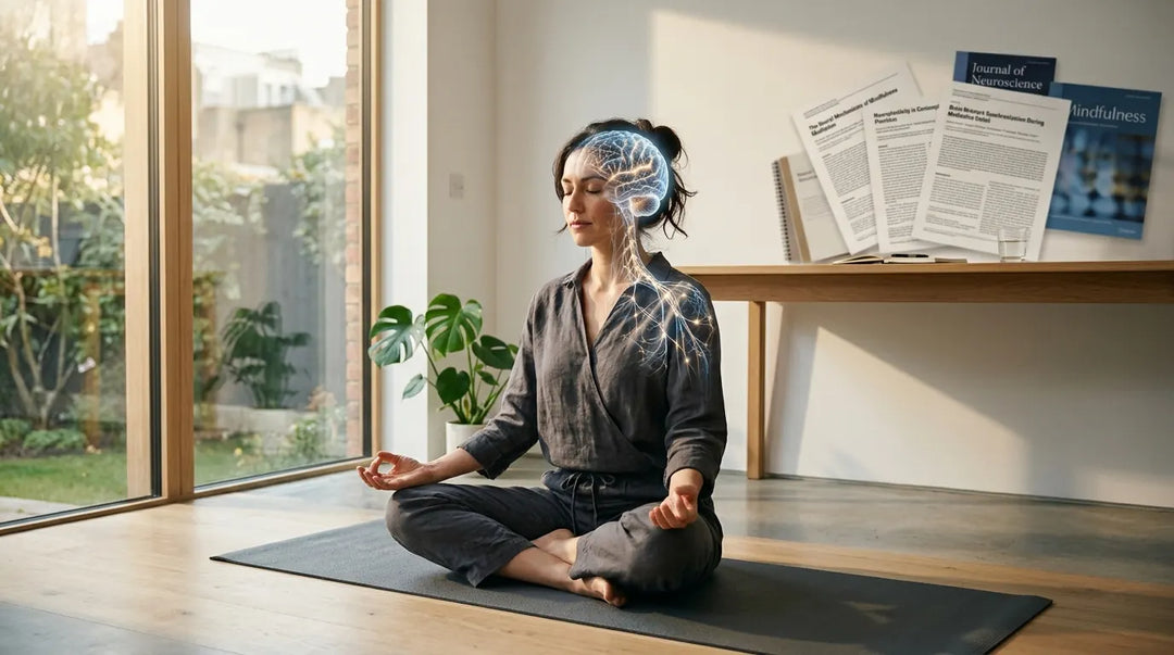 Person meditating with glowing brain neural overlay in sunlit minimalist room, serene scientific mood
