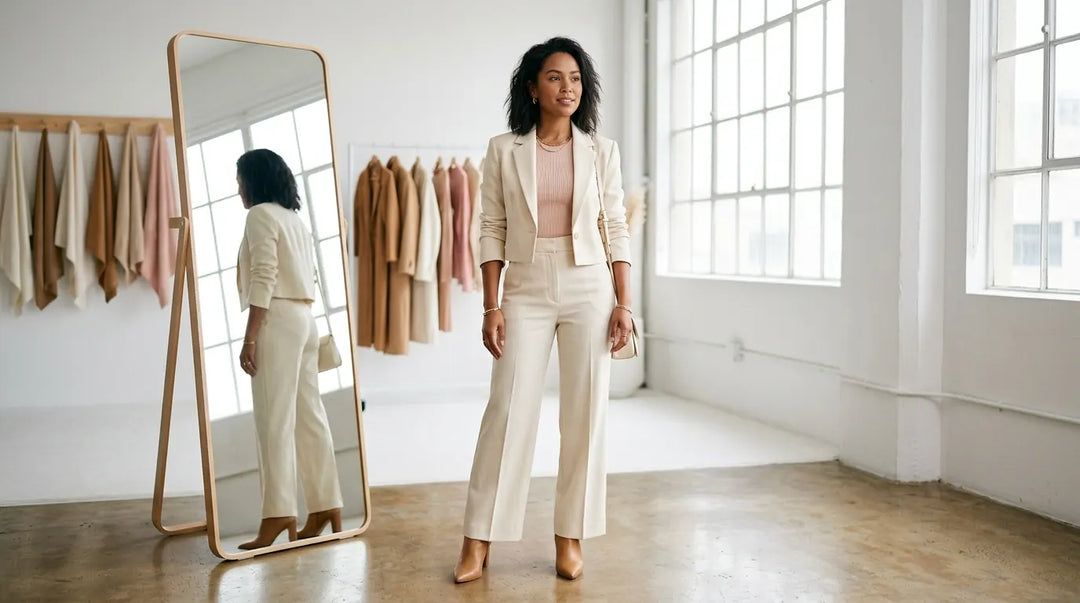Petite woman in tailored high-waisted outfit standing confidently in bright minimalist studio