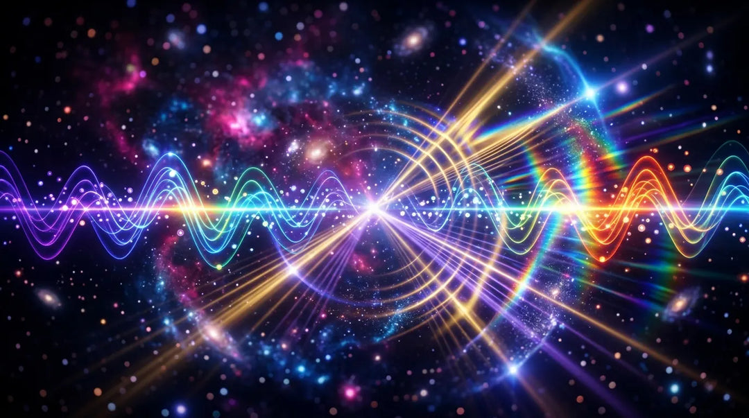Prismatic light spectrum refracting through deep space with luminous wave patterns, awe-inspiring cosmic mood