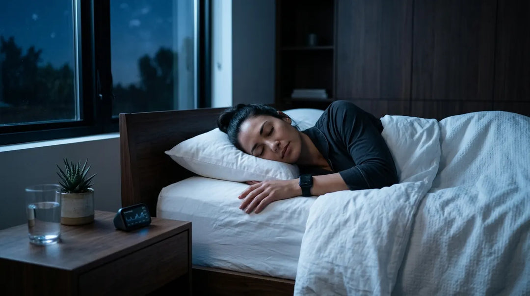Person sleeping peacefully in modern bedroom wearing fitness tracker, calm restorative mood