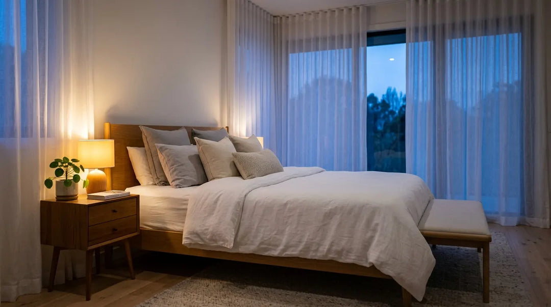 Modern bedroom with white bedding, wood frame bed, sheer curtains, and nightstand lamp