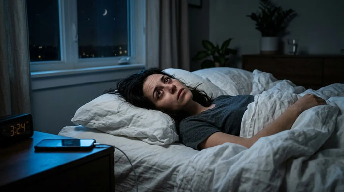 Restless person lying awake in dimly blue-lit bedroom at night, unable to sleep