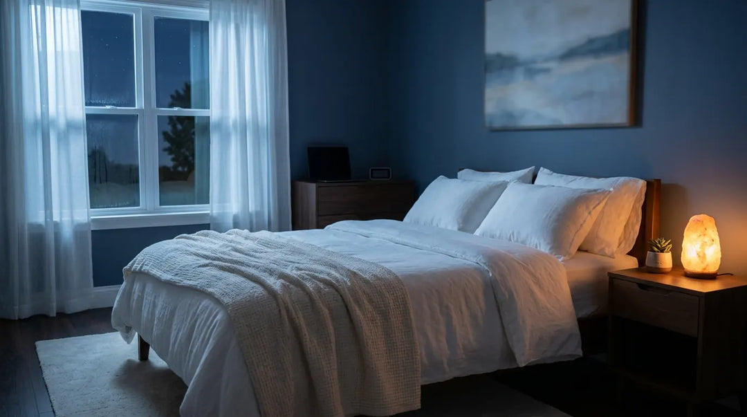 Serene device-free bedroom bathed in cool moonlight with pristine white bedding