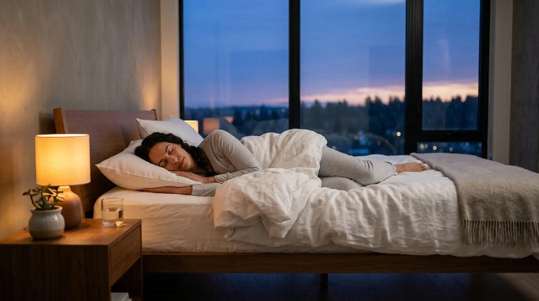 Person sleeping peacefully in modern bedroom bathed in soft twilight glow